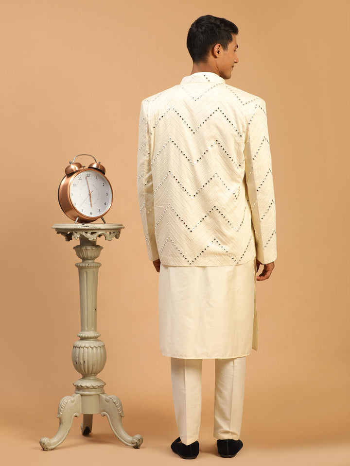 Sarvati Men's Cream Mirror Jodhpuri With Kurta Pant Set