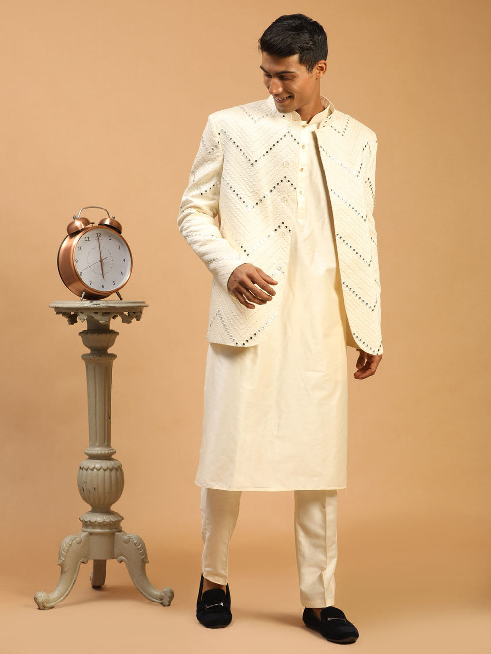 Sarvati Men's Cream Mirror Jodhpuri With Kurta Pant Set