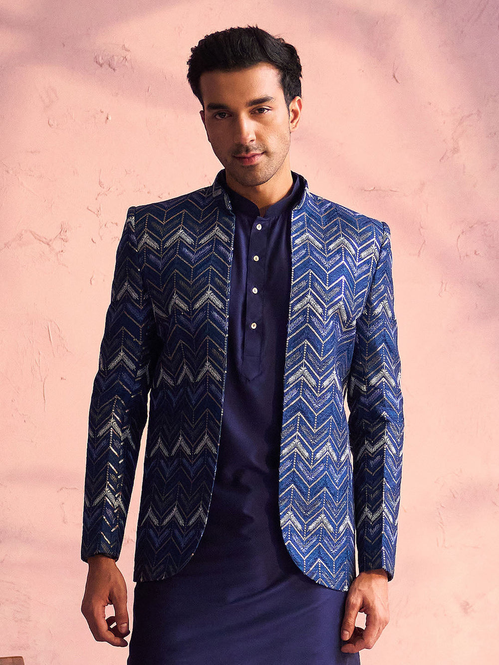 Sarvati Men's Navy Blue Silk Embroidered Jodhpuri