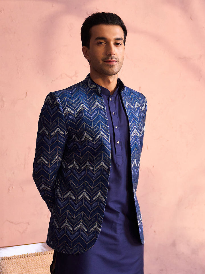 Sarvati Men's Navy Blue Silk Embroidered Jodhpuri