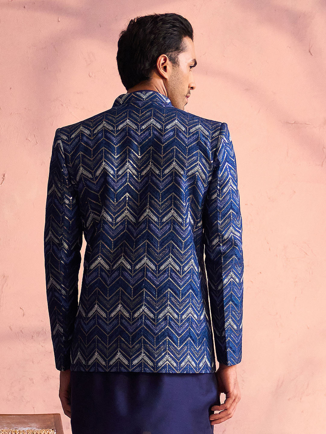 Sarvati Men's Navy Blue Silk Embroidered Jodhpuri