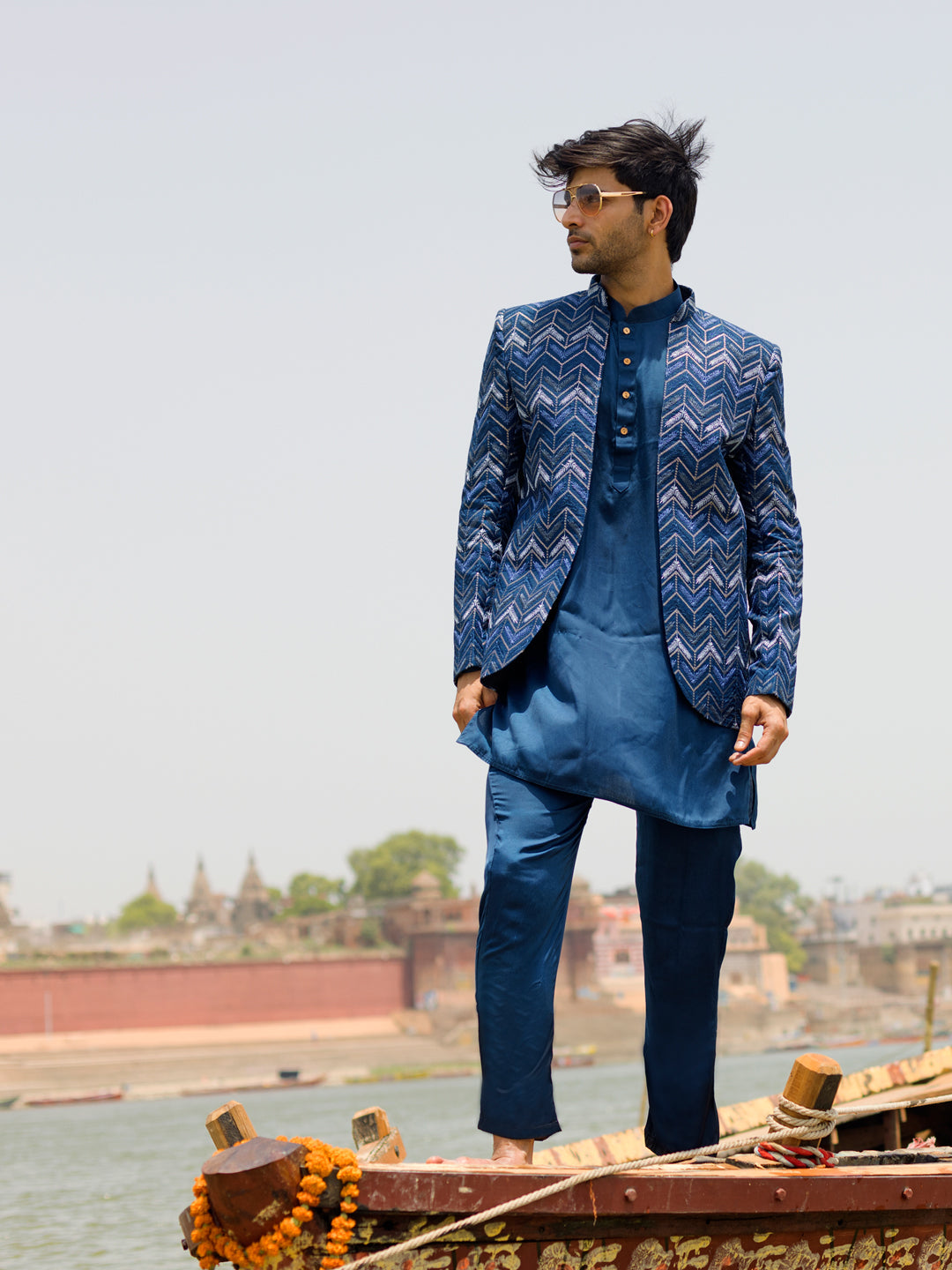 Sarvati Men's Navy Blue Silk Embroidered Jodhpuri With Curved Kurta Pant Set