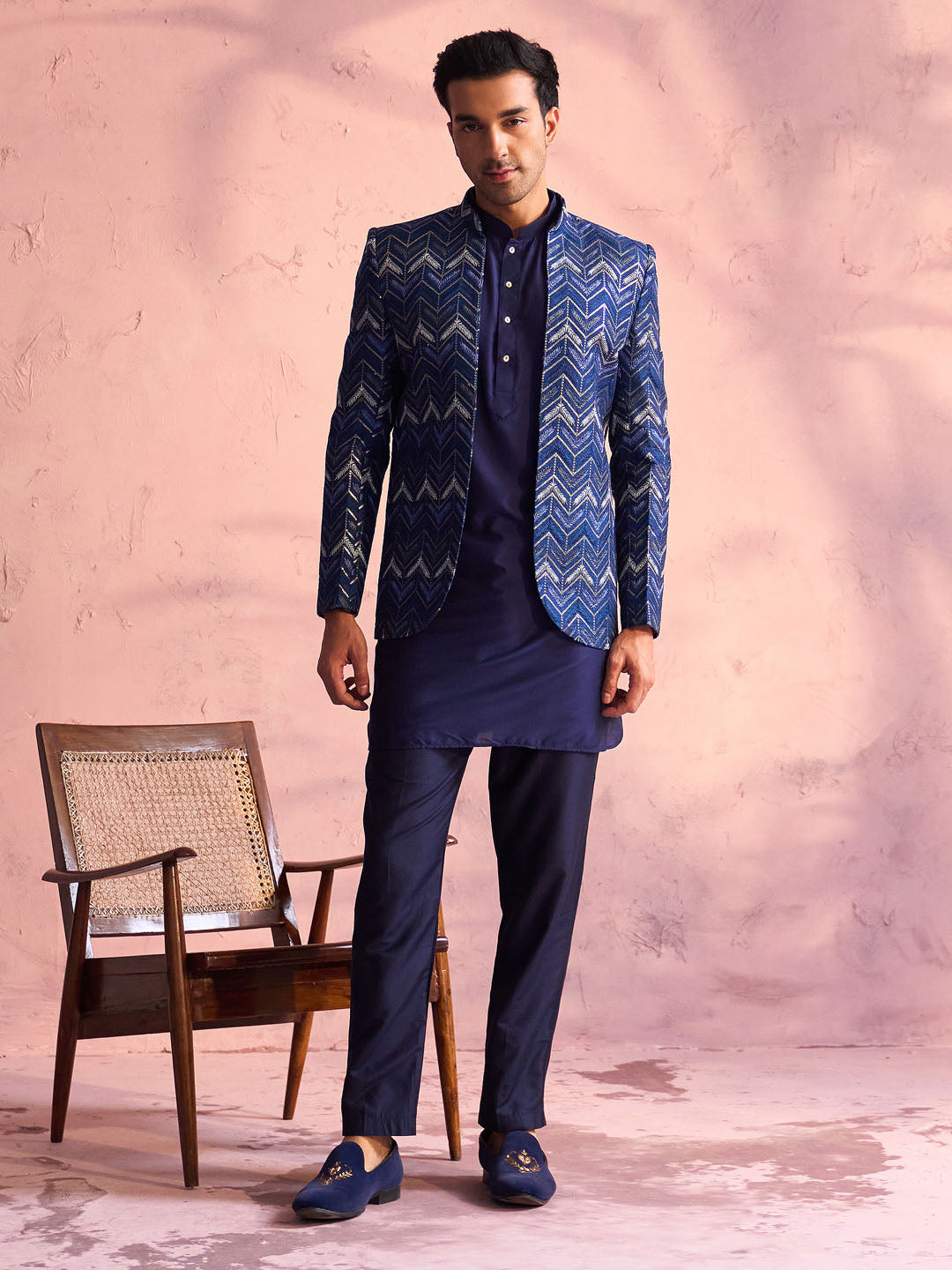 Sarvati Men's Navy Blue Silk Embroidered Jodhpuri With Curved Kurta Pant Set