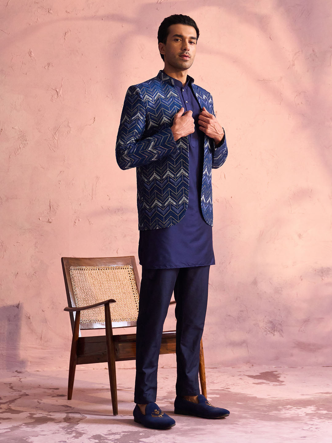 Sarvati Men's Navy Blue Silk Embroidered Jodhpuri With Curved Kurta Pant Set