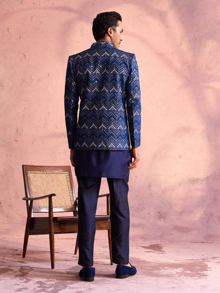 Sarvati Men's Navy Blue Silk Embroidered Jodhpuri With Curved Kurta Pant Set