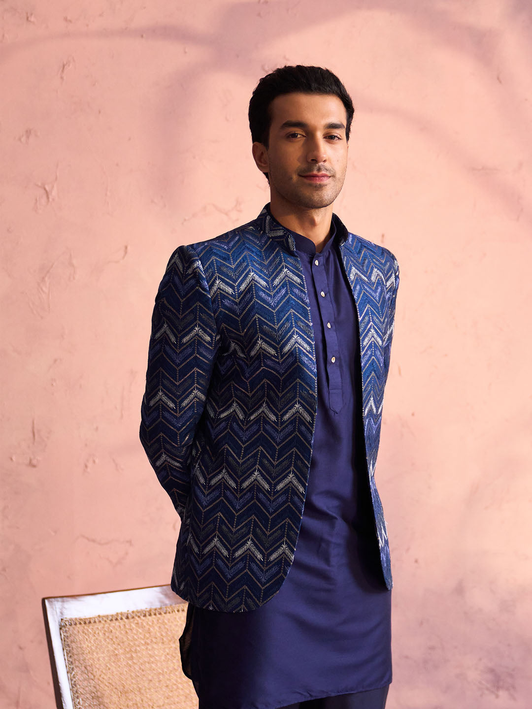 Sarvati Men's Navy Blue Silk Embroidered Jodhpuri With Curved Kurta Pant Set