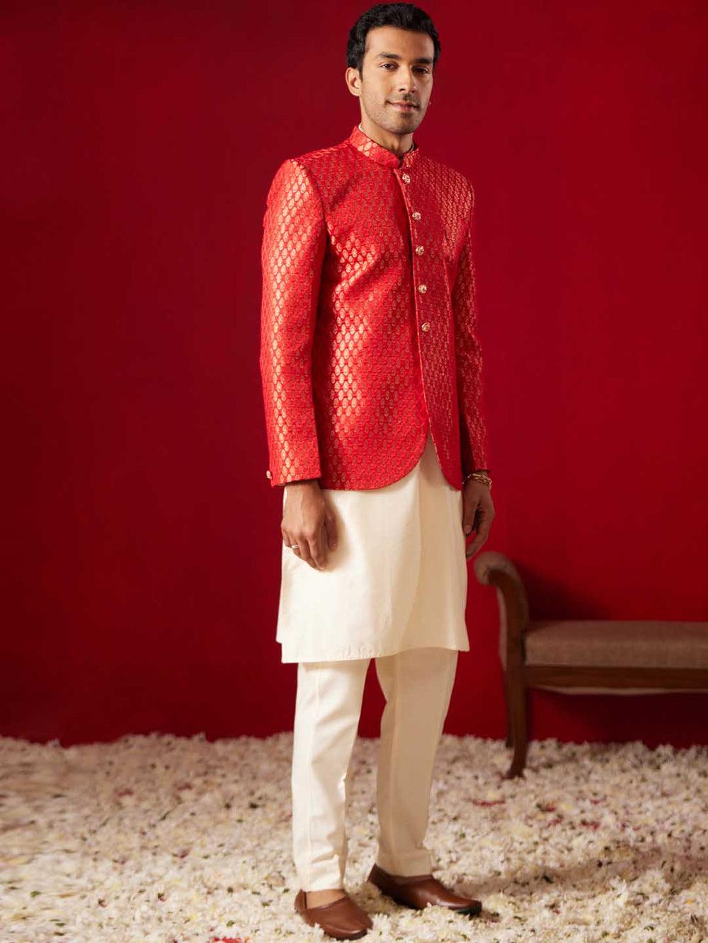 Sarvati Men's Red Banarasi Woven Jodhpuri With Plain Kurta Pant Set