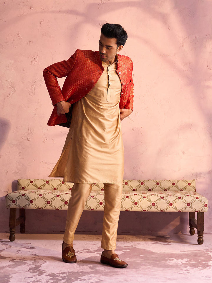 Sarvati Men's Red Banarasi Woven Jodhpuri With Plain Kurta Pant Set