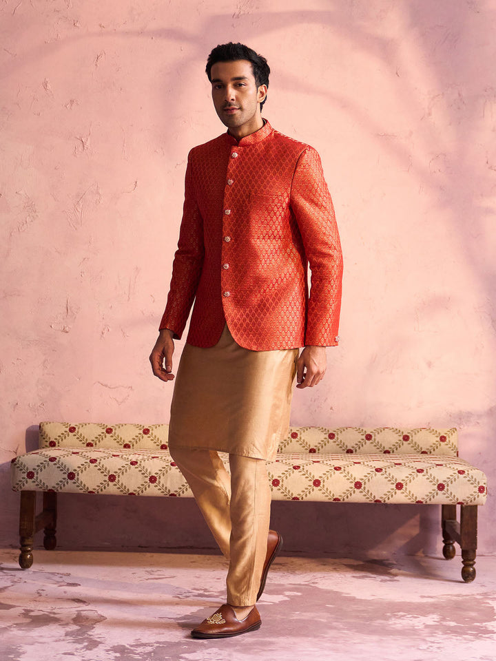 Sarvati Men's Red Banarasi Woven Jodhpuri With Plain Kurta Pant Set