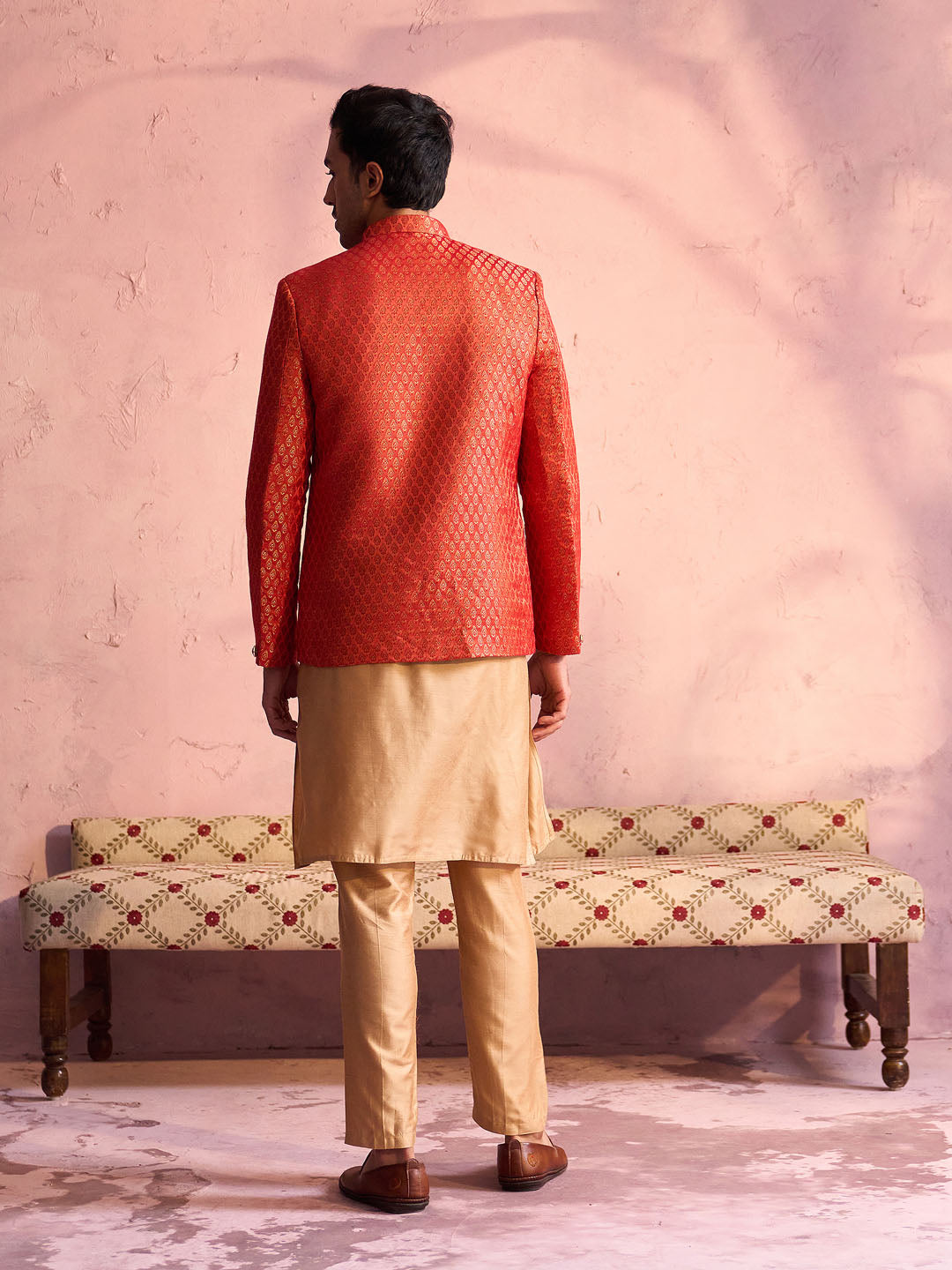 Sarvati Men's Red Banarasi Woven Jodhpuri With Plain Kurta Pant Set