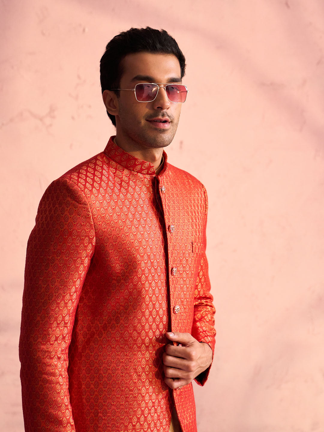 Sarvati Men's Red Banarasi Woven Jodhpuri With Plain Kurta Pant Set