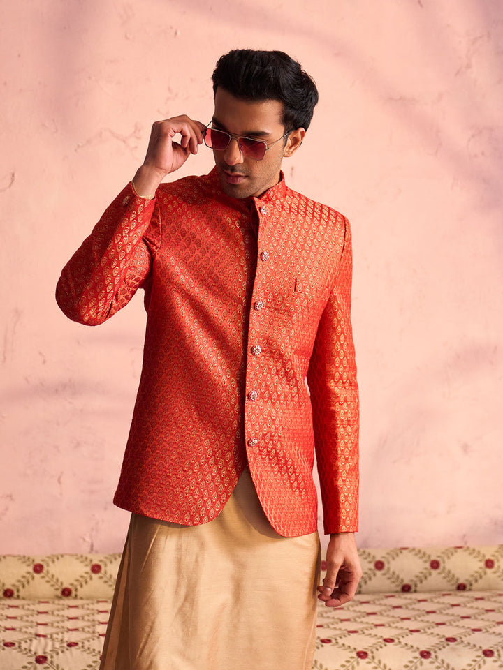 Sarvati Men's Red Banarasi Woven Jodhpuri With Plain Kurta Pant Set