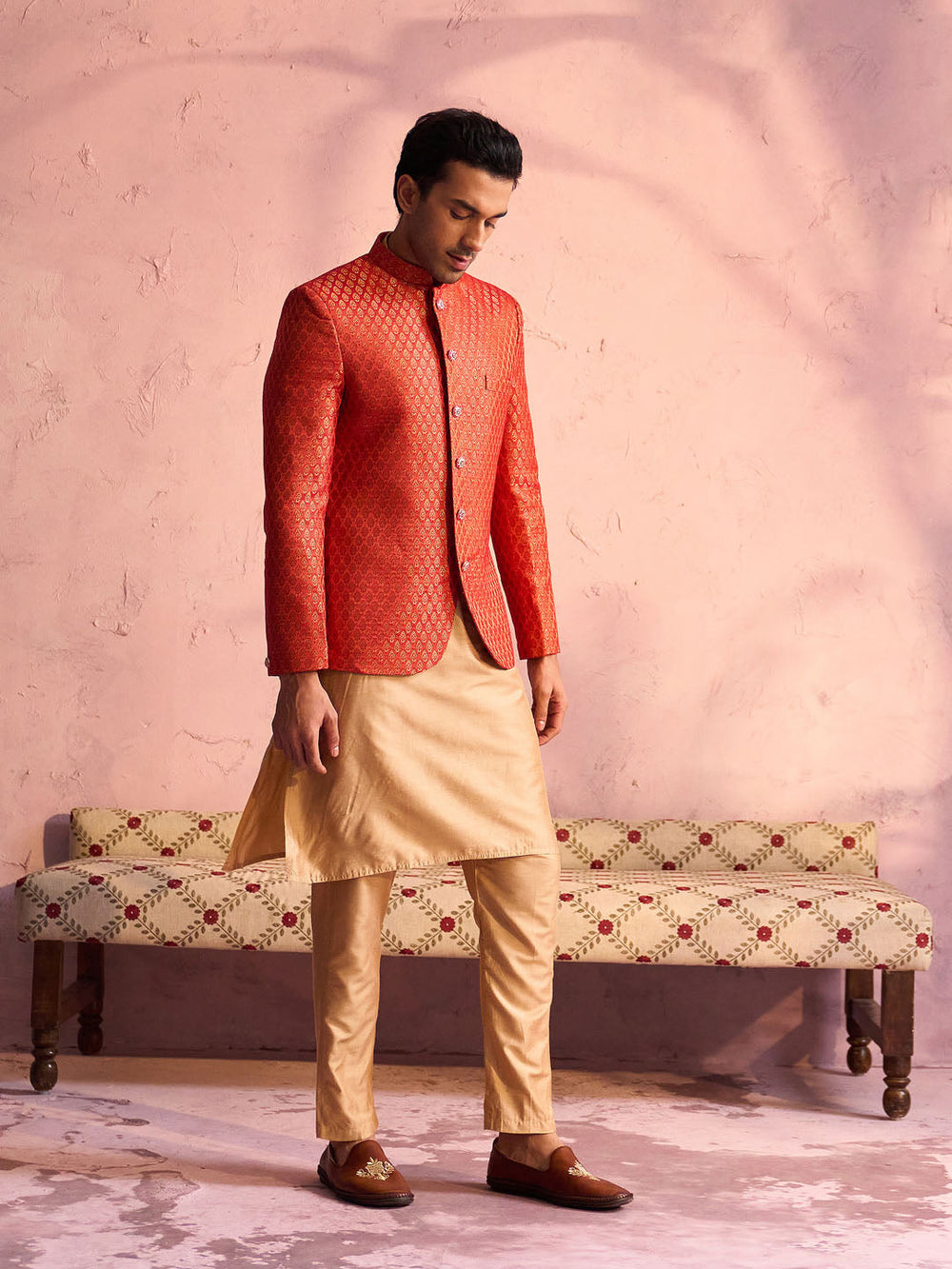 Sarvati Men's Red Banarasi Woven Jodhpuri With Plain Kurta Pant Set