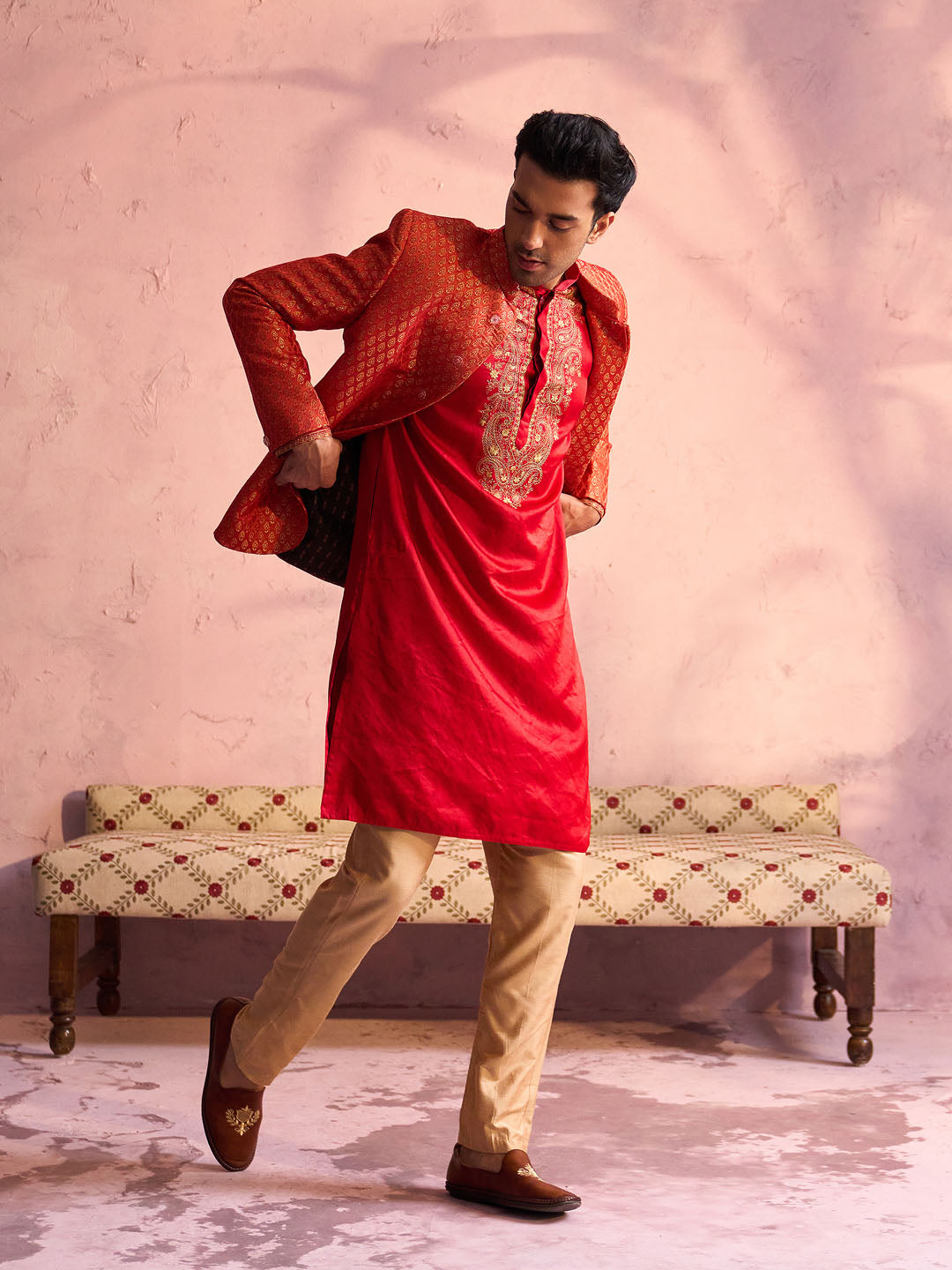 Sarvati Men's Red Banarasi Woven Jodhpuri With Embroidered Kurta Pant Set