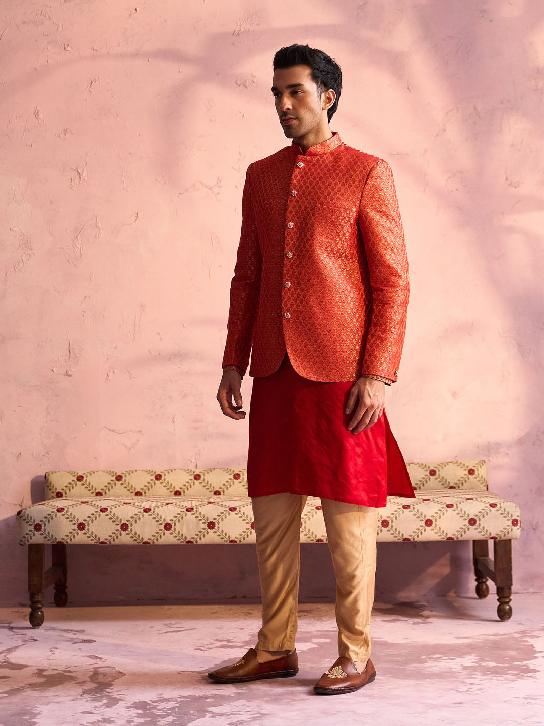 Sarvati Men's Red Banarasi Woven Jodhpuri With Embroidered Kurta Pant Set