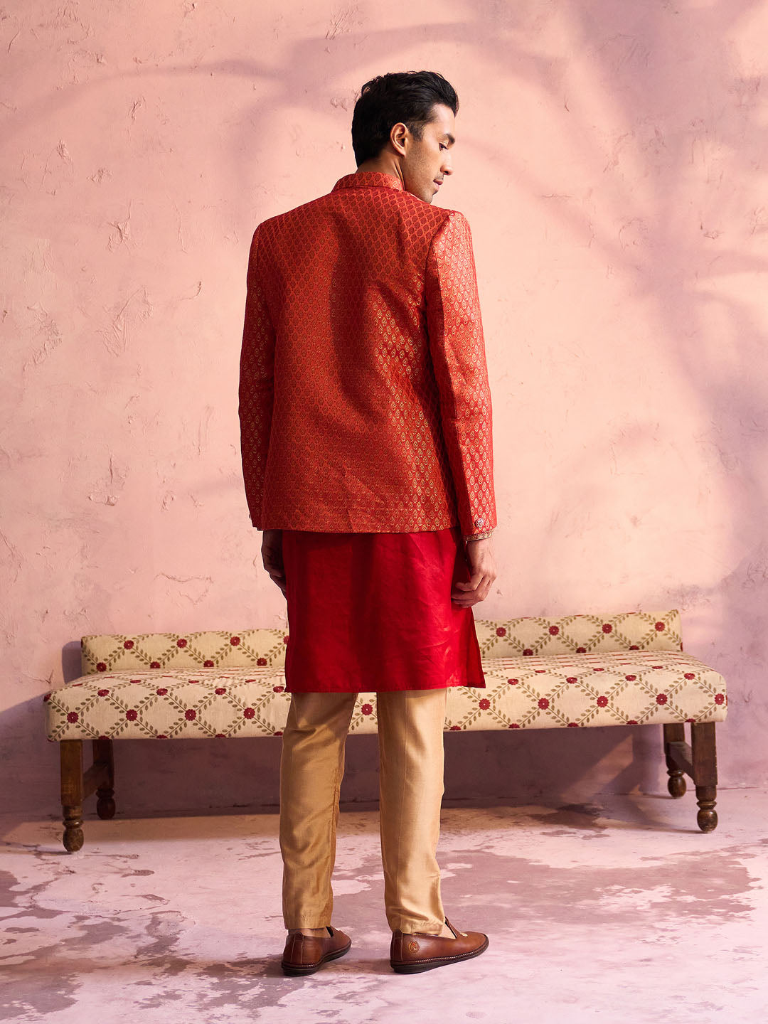 Sarvati Men's Red Banarasi Woven Jodhpuri With Embroidered Kurta Pant Set