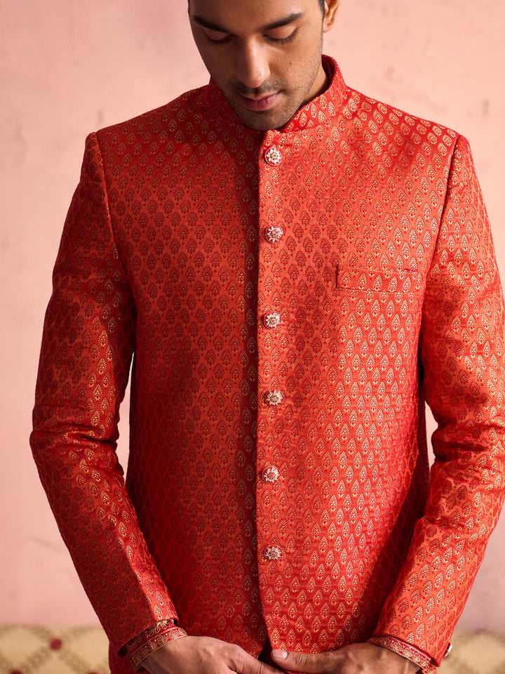 Sarvati Men's Red Banarasi Woven Jodhpuri With Embroidered Kurta Pant Set