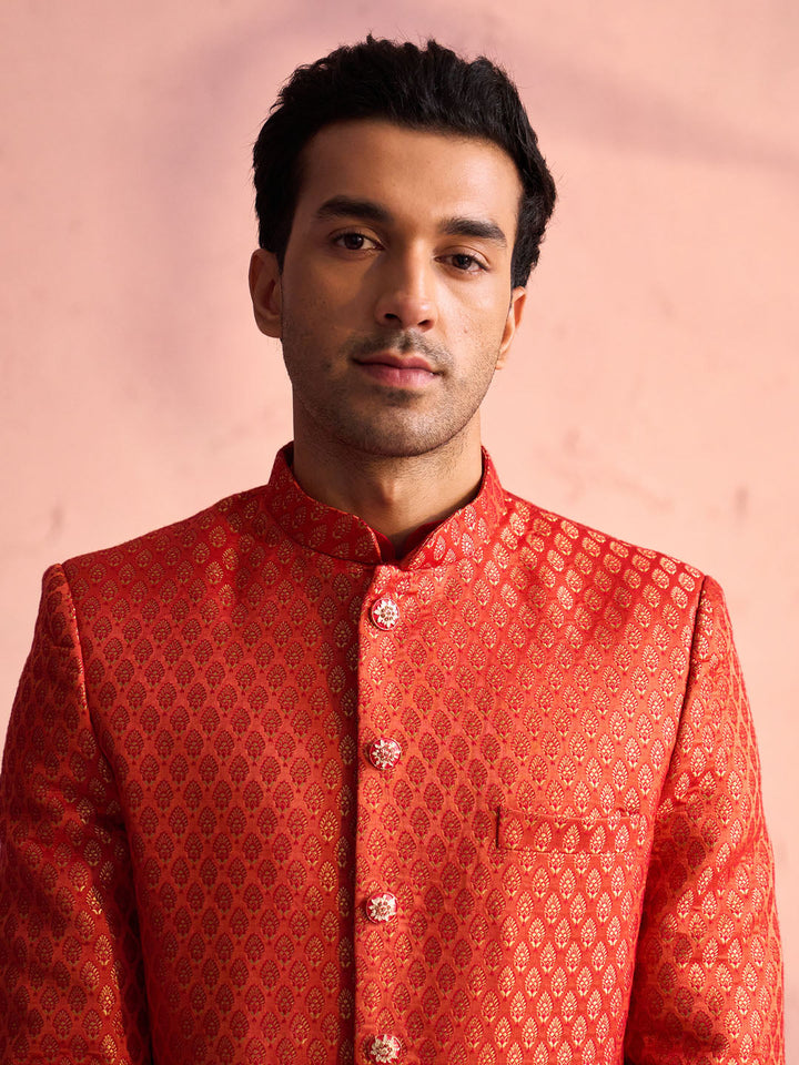 Sarvati Men's Red Banarasi Woven Jodhpuri With Embroidered Kurta Pant Set