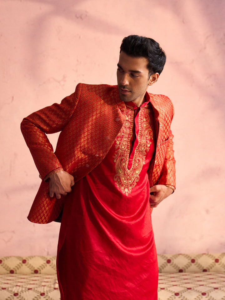 Sarvati Men's Red Banarasi Woven Jodhpuri With Embroidered Kurta Pant Set