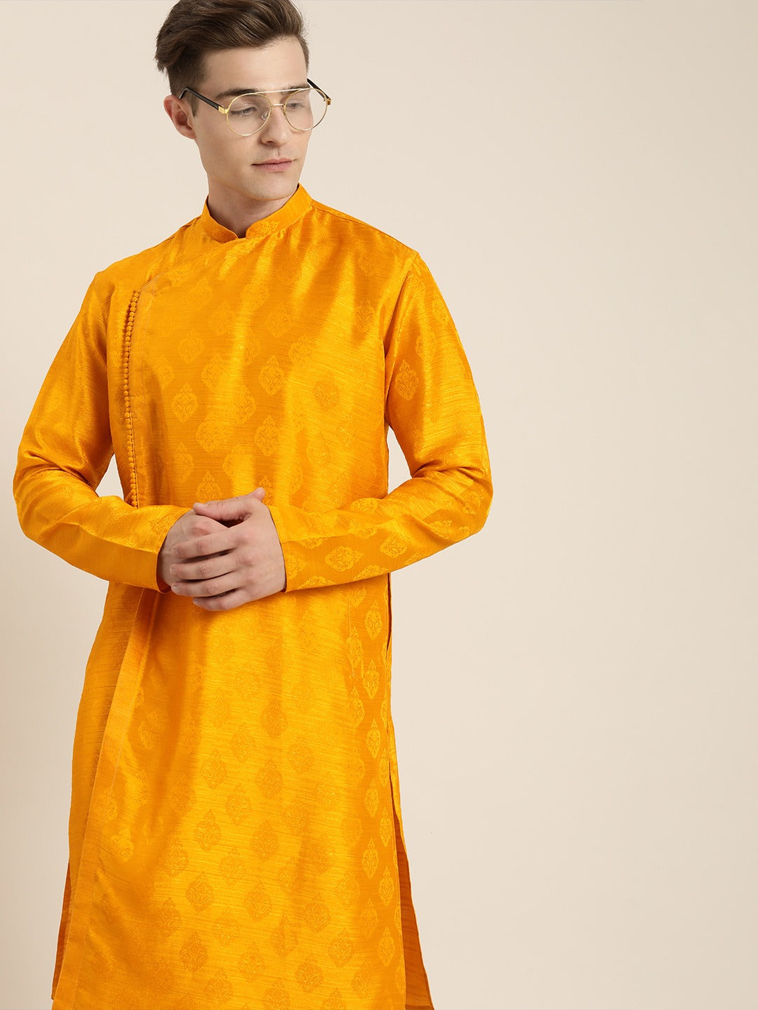 Sarvati Men Yellow Angrakha Style Kurta With Solid Pyjama