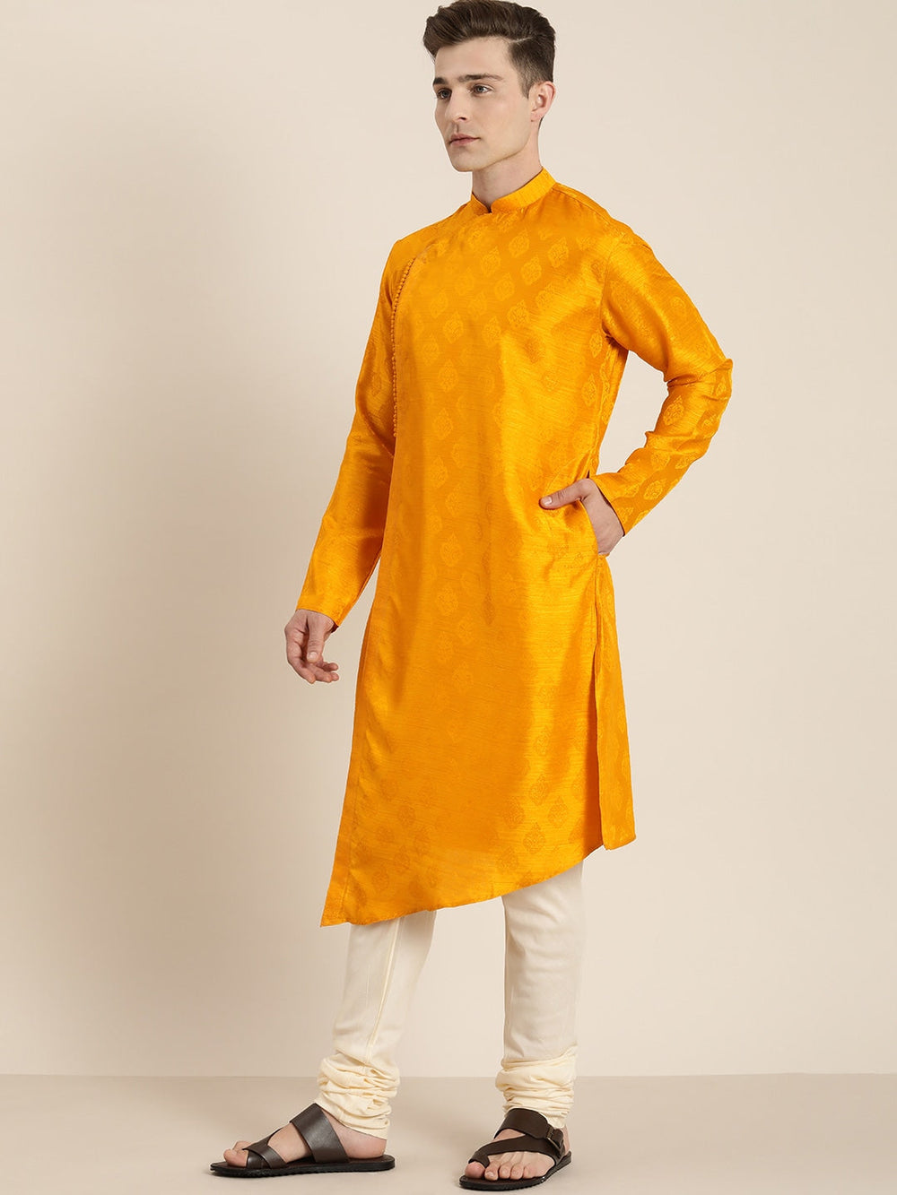 Sarvati Men Yellow Angrakha Style Kurta With Solid Pyjama