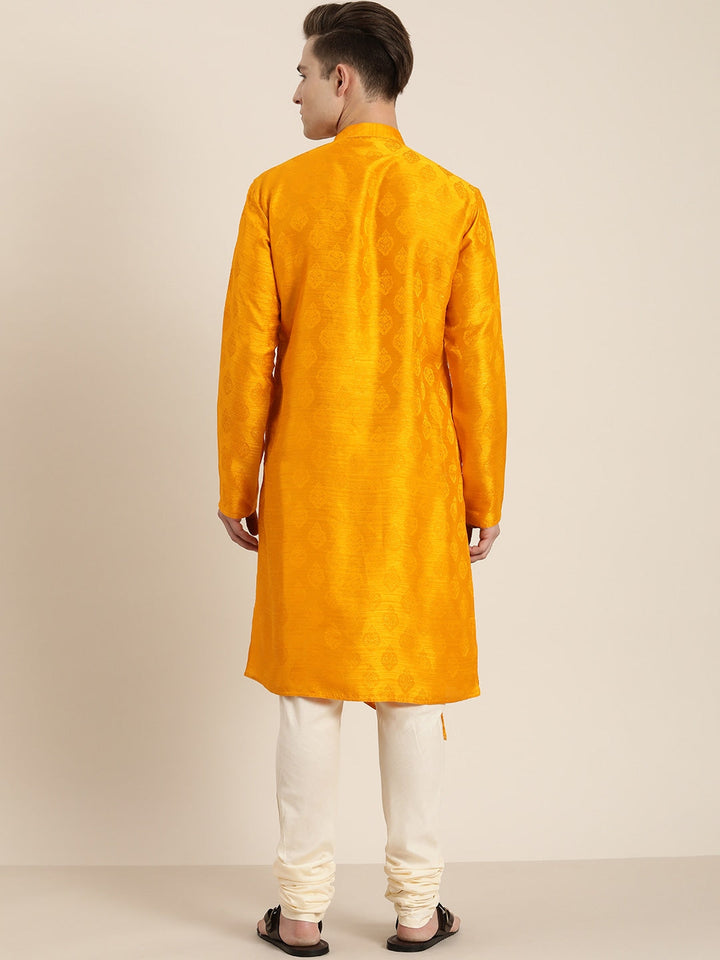 Sarvati Men Yellow Angrakha Style Kurta With Solid Pyjama