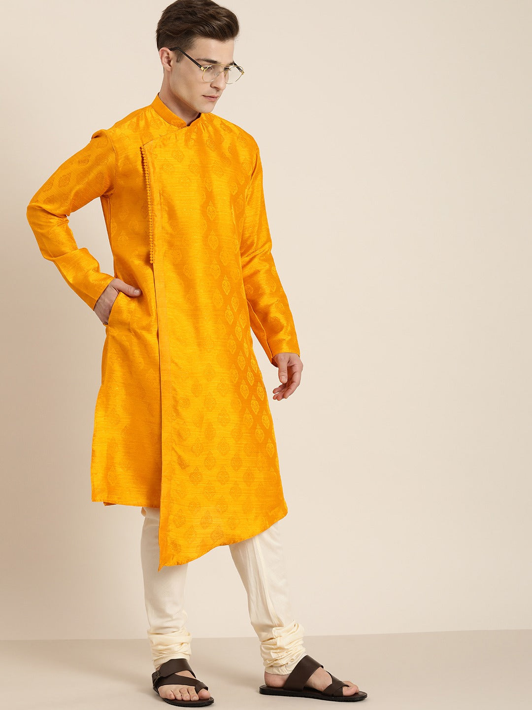 Sarvati Men Yellow Angrakha Style Kurta With Solid Pyjama