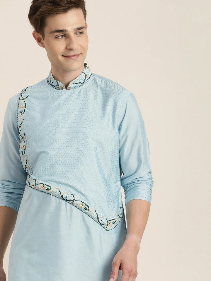 Sarvati Men's Aqua Blue Tread Work Kurta With Cream Pant