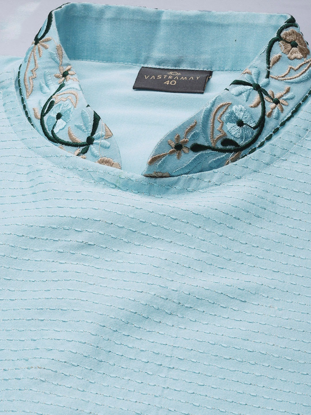 Sarvati Men's Aqua Blue Tread Work Kurta With Cream Pant