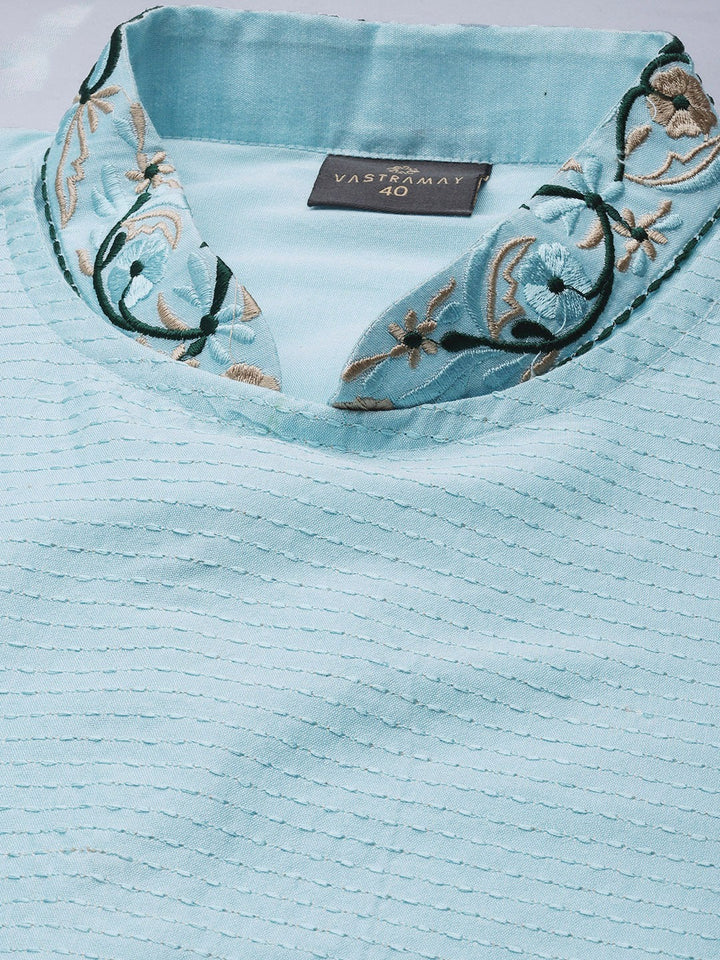 Sarvati Men's Aqua Blue Tread Work Kurta With Cream Pant