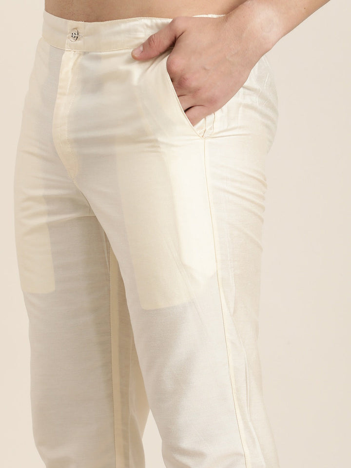 Sarvati Men's Aqua Blue Tread Work Kurta With Cream Pant
