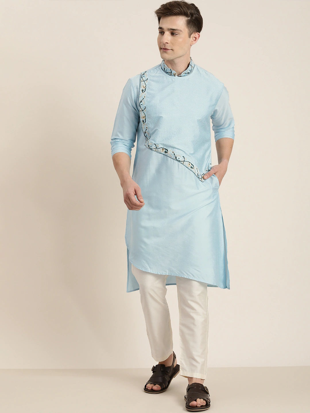 Sarvati Men's Aqua Blue Tread Work Kurta With Cream Pant