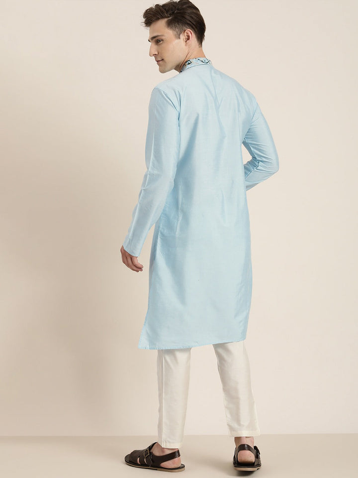 Sarvati Men's Aqua Blue Tread Work Kurta With Cream Pant