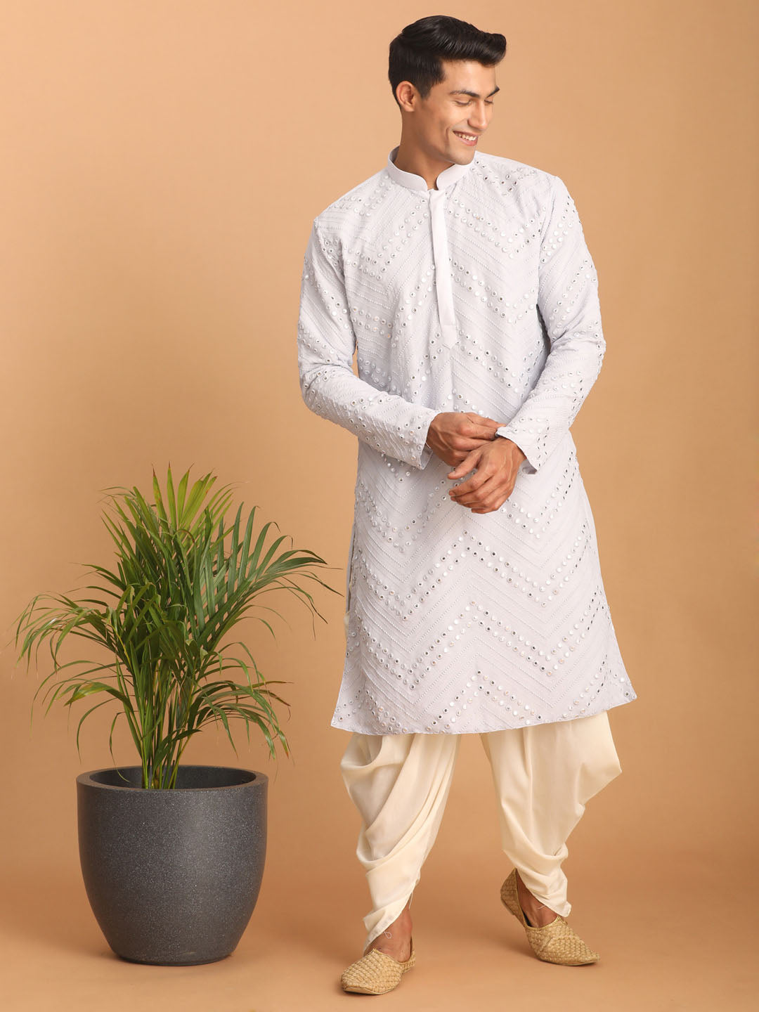 Sarvati Men's Aqua Blue Mirror Kurta Dhoti Set