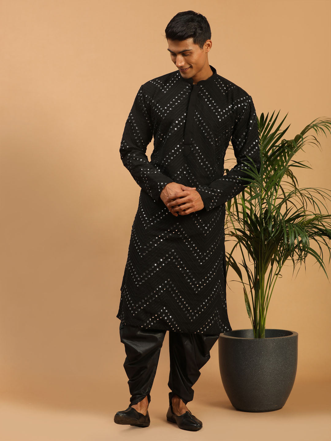 Sarvati Men's Black Mirror Kurta Dhoti Set