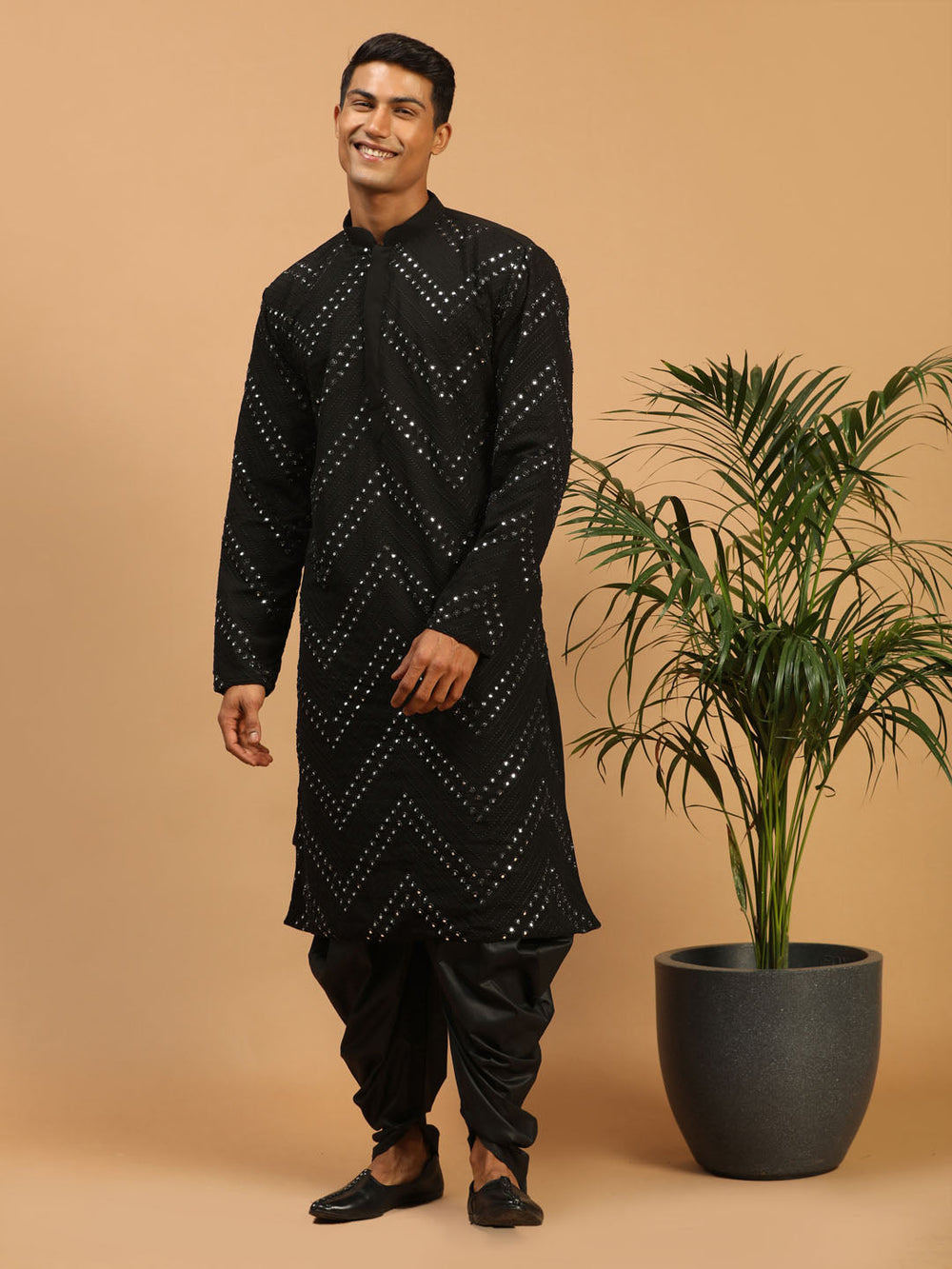 Sarvati Men's Black Mirror Kurta Dhoti Set