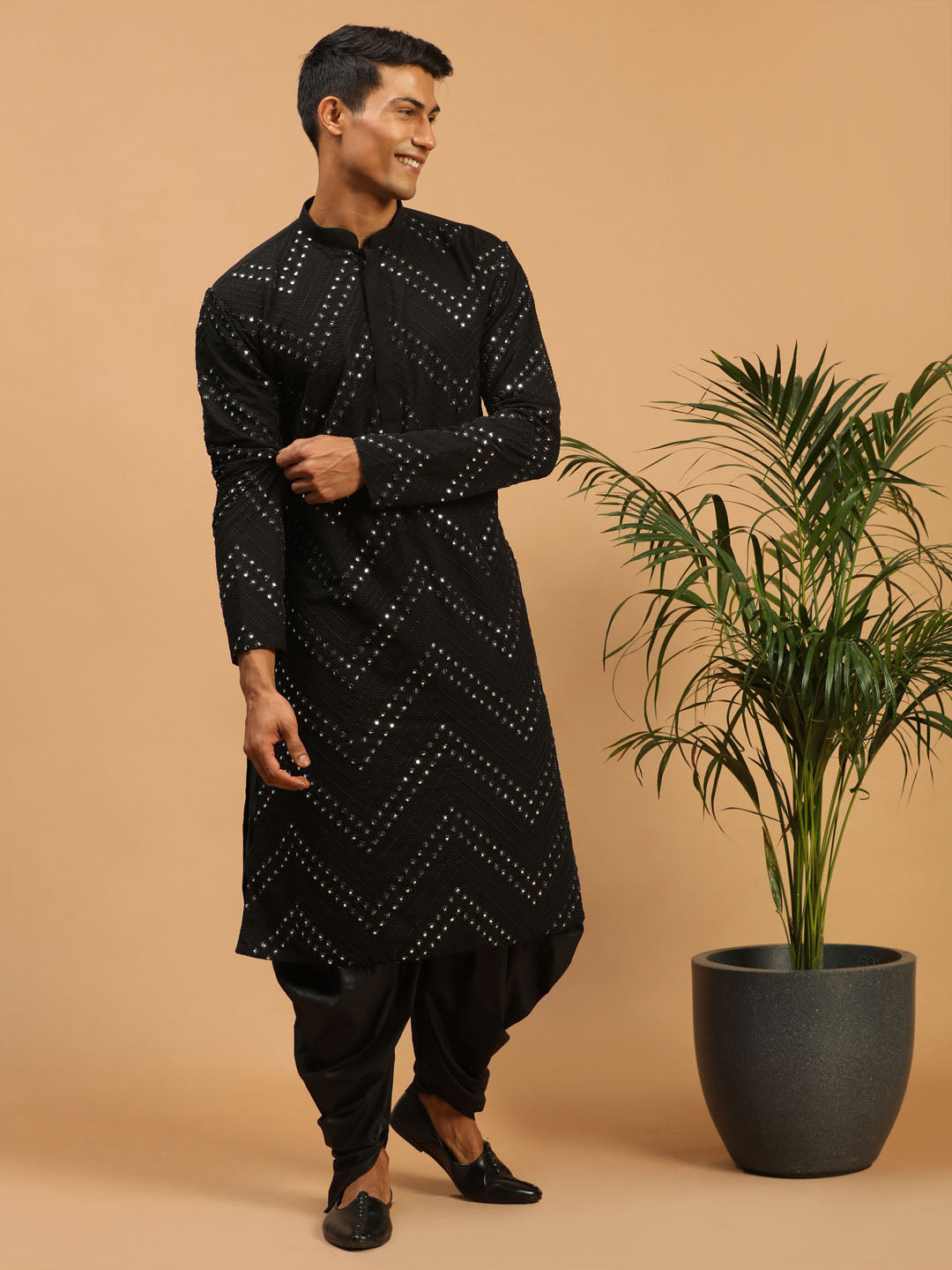 Sarvati Men's Black Mirror Kurta Dhoti Set