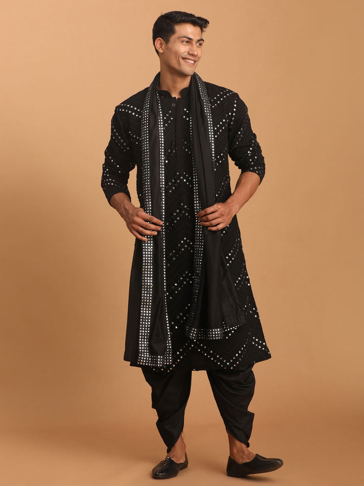 Sarvati Men's Black Mirror Kurta Dhoti And Dupatta Set