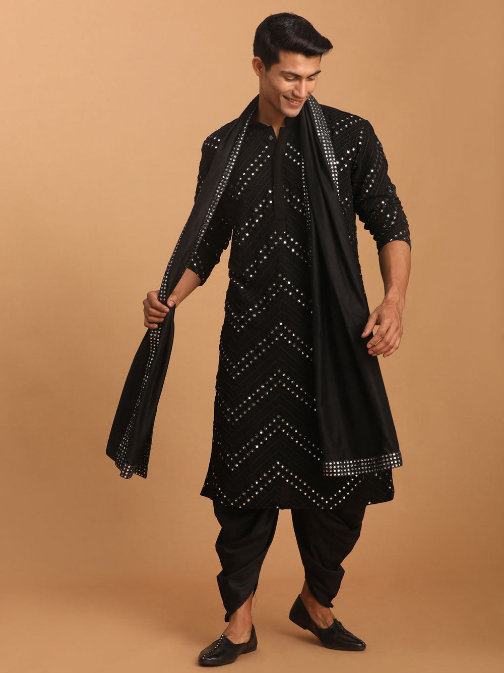 Sarvati Men's Black Mirror Kurta Dhoti And Dupatta Set