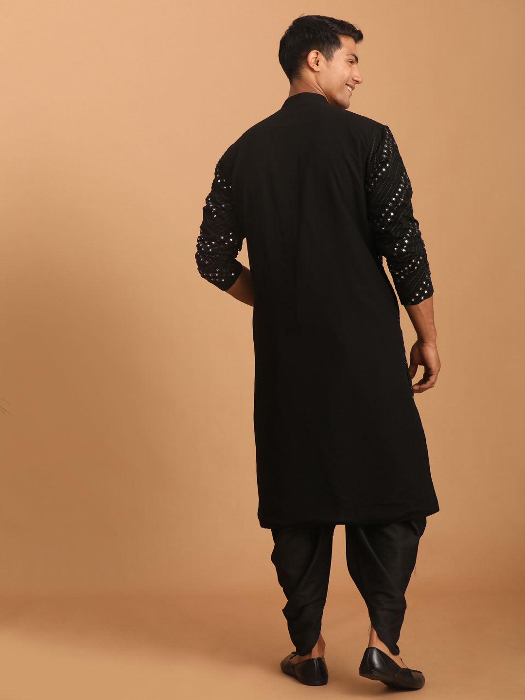 Sarvati Men's Black Mirror Kurta Dhoti And Dupatta Set