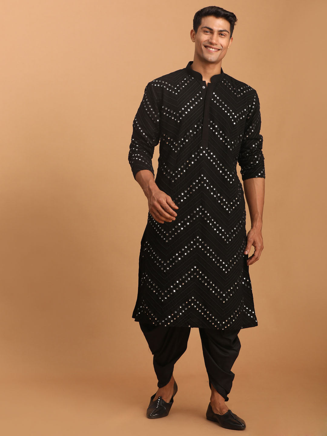 Sarvati Men's Black Mirror Kurta Dhoti And Dupatta Set