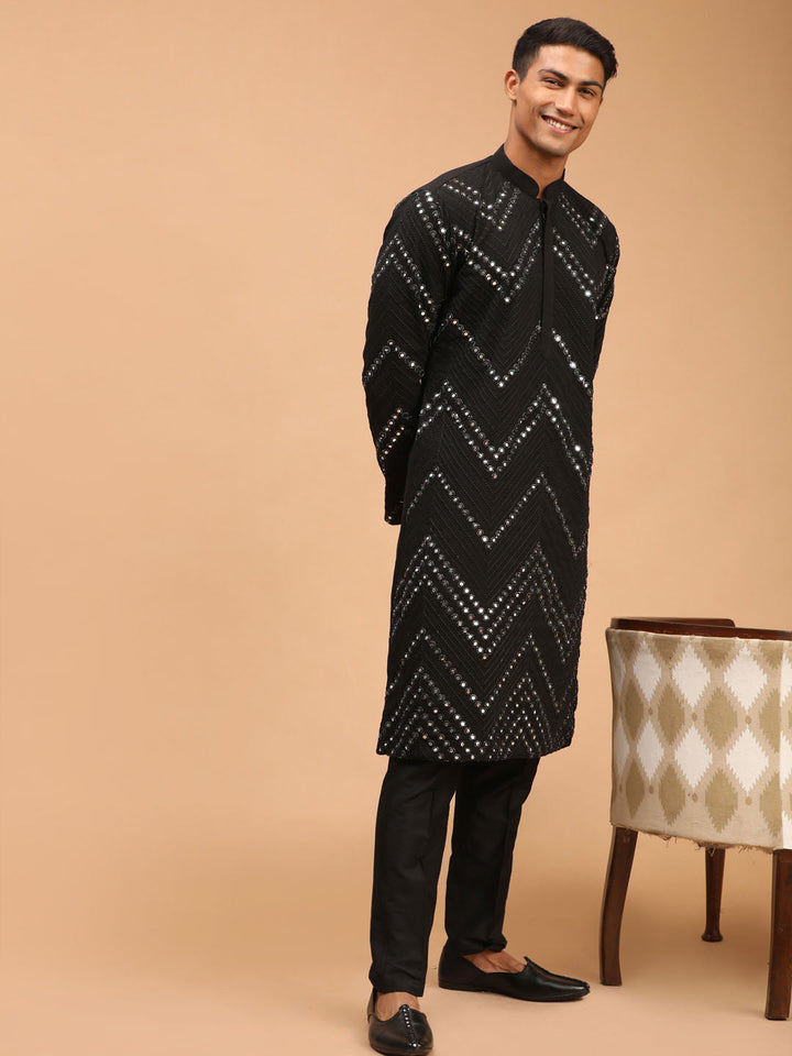 Sarvati Men's Black Mirror Kurta pant Set