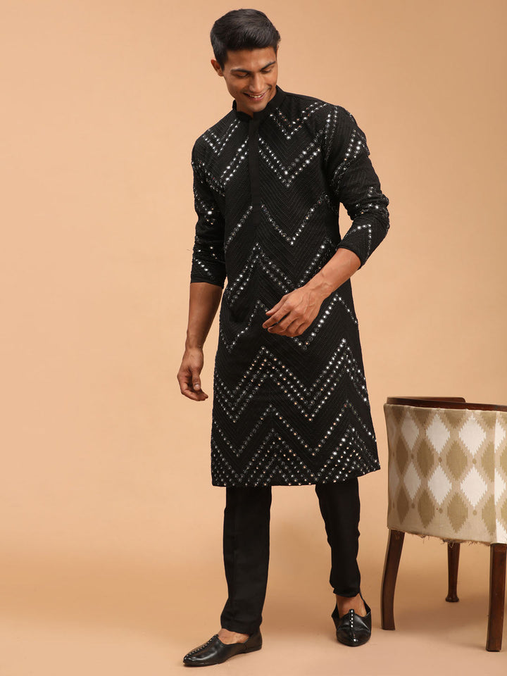 Sarvati Men's Black Mirror Kurta pant Set