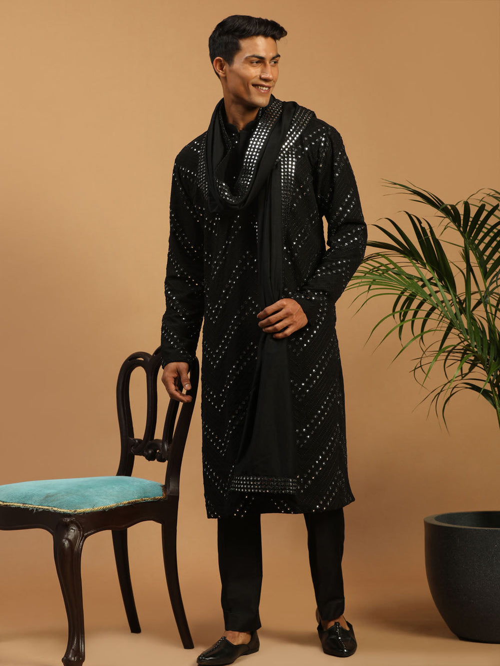 Sarvati Men's Black Mirror Kurta Pyjama And Dupatta Set