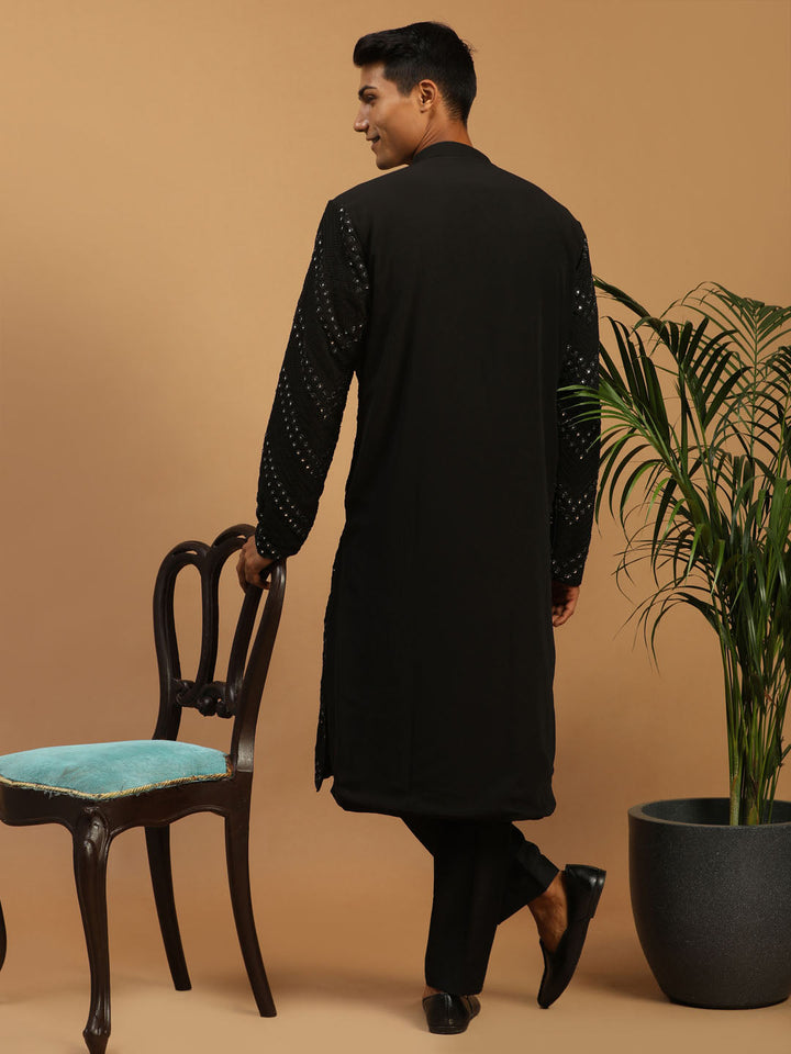 Sarvati Men's Black Mirror Kurta Pyjama And Dupatta Set