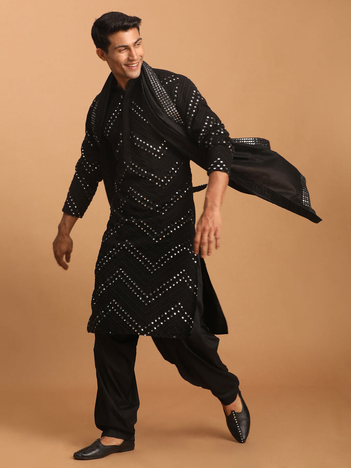 Sarvati Men's Black Mirror Kurta Patiala And Dupatta Set