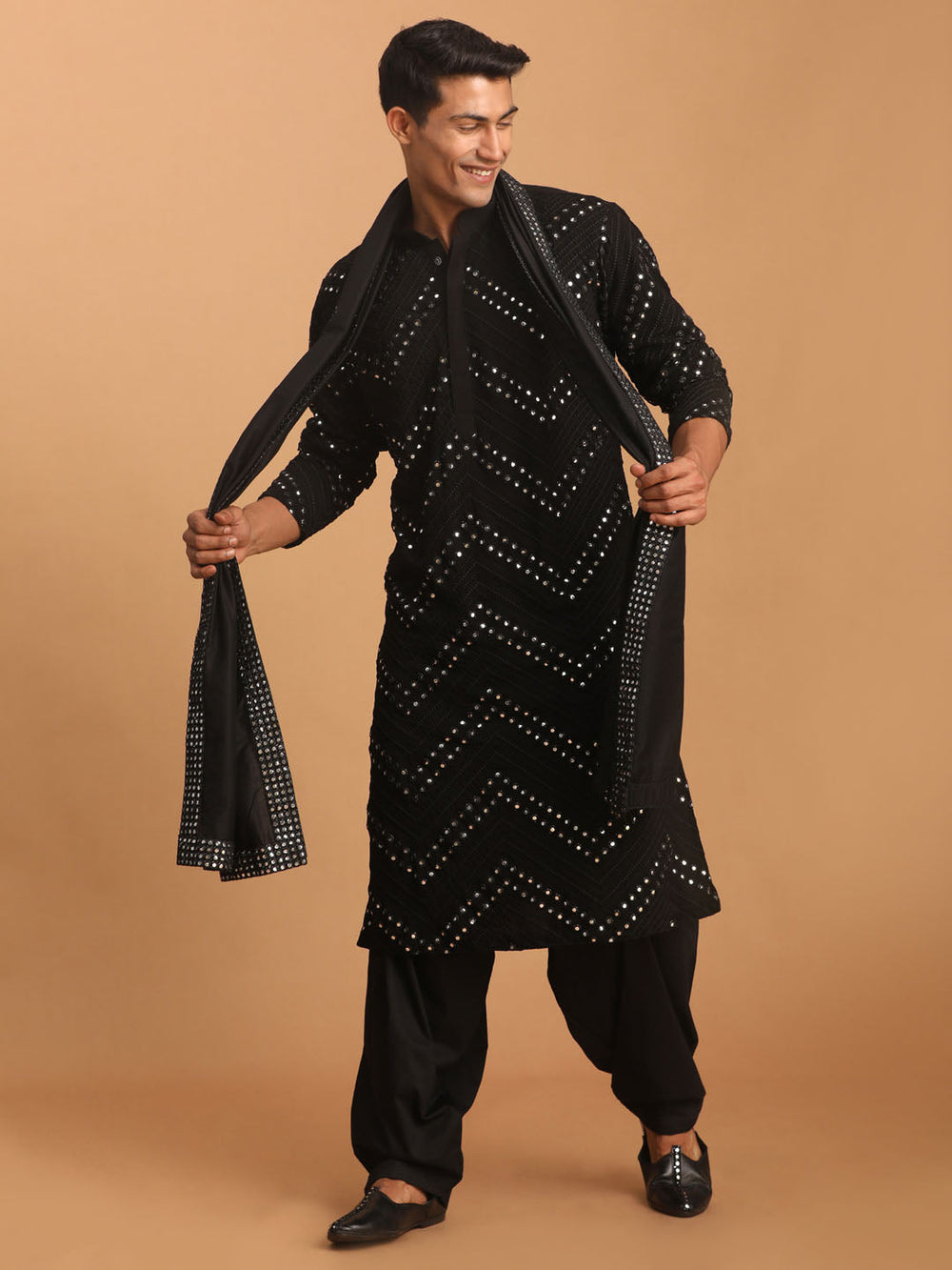 Sarvati Men's Black Mirror Kurta Patiala And Dupatta Set