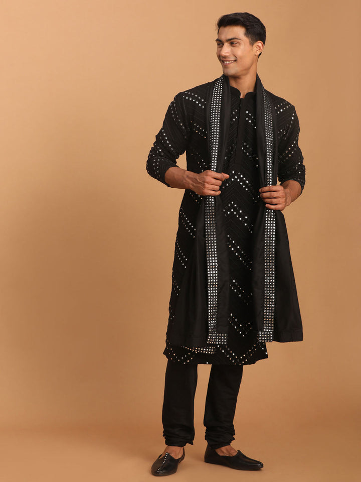 Sarvati Men's Black Mirror Kurta Pyjama And Dupatta Set