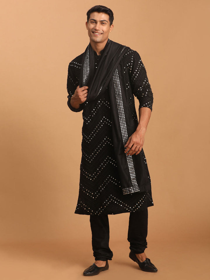 Sarvati Men's Black Mirror Kurta Pyjama And Dupatta Set