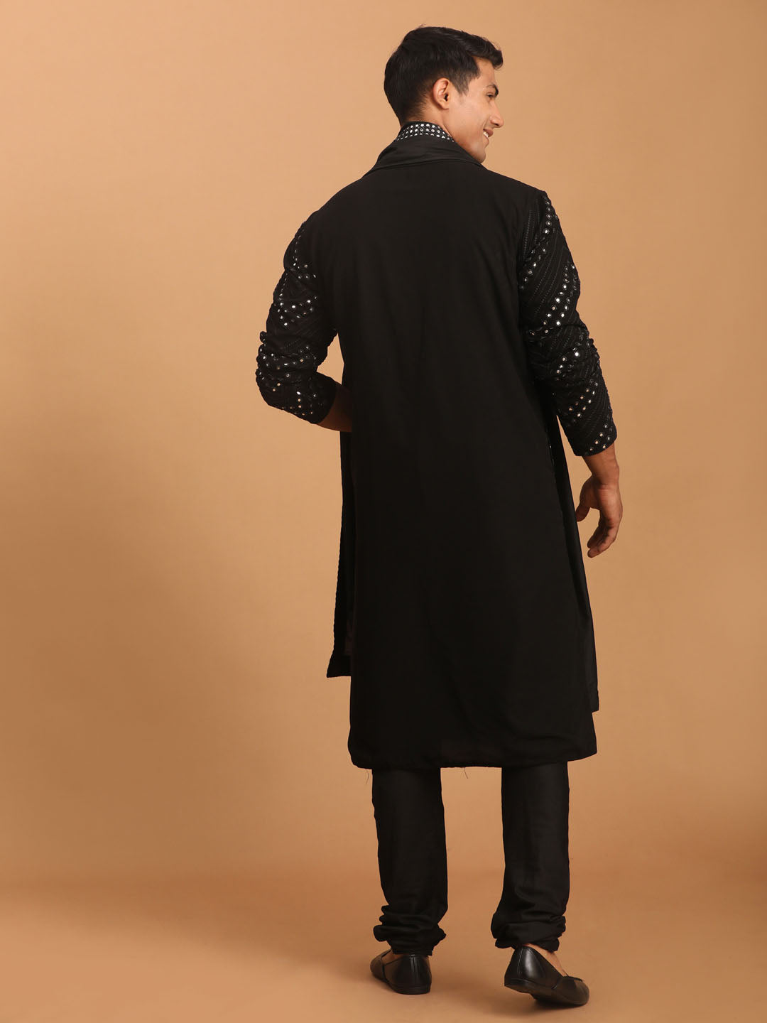 Sarvati Men's Black Mirror Kurta Pyjama And Dupatta Set